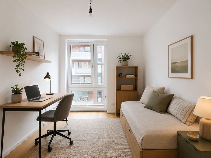 Moderno piso de 3 habitaciones con azotea, balcón y plaza de garaje subterráneo en HafenCity – Virtuelles Staging Schlafzimme