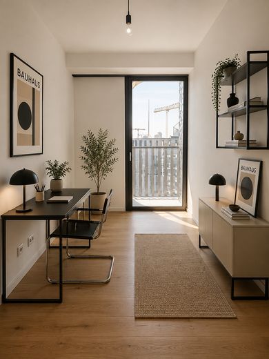 Elegante 4-kamer-eigenaarswoning in de Grand Tower – exclusief wonen boven de daken van Frankfurt – Schlafzimmer 2 mit Möbel KI