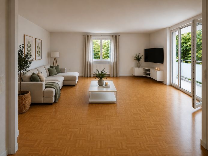 Appartamento per famiglie di rara bellezza – balcone esposto a sud-ovest, 2 bagni e posizione tranquilla di prim’ordine a Freiburg-Vauban – Wohnzimmer