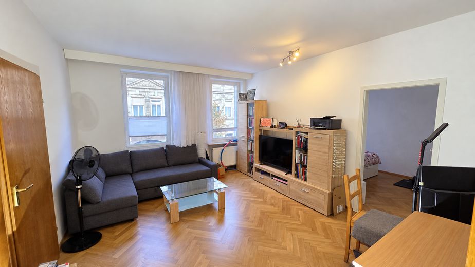 Gemoderniseerd 3-kamerappartement in een oud gebouw met echt houten parket & nieuwe inbouwkeuken – Fürth binnenstad – Wohnzimmer (mit KI aufgeräumt)