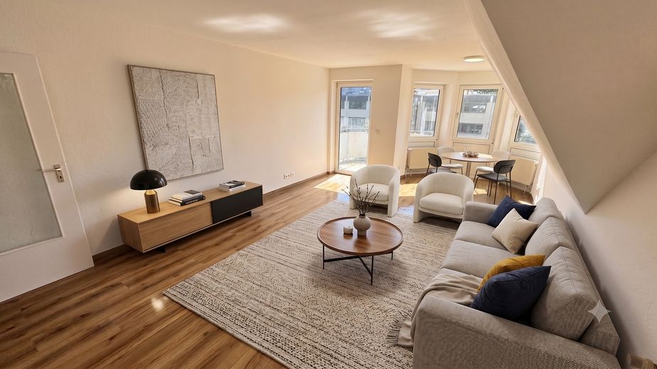Aucune attente : spacieux refuge de 2 pièces à Lokstedt (prêt à emménager et sans commission) – Wohnzimmer - Wohnbeispiel (KI)