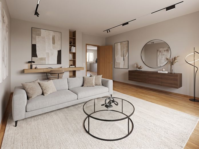 Charmante 3-Zimmer-Wohnung mit großzügigem Balkon im Mauritius Viertel, Köln – Wohnzimmer KI