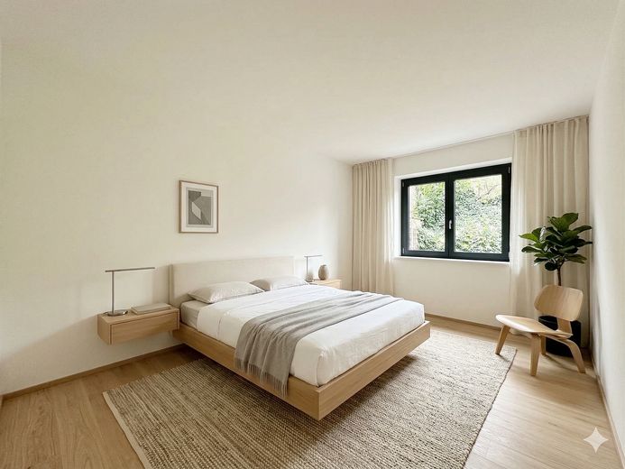 Stilvoll modernisierte Stadt-Oase mit Terrassenzugang, Gartenmitbenutzung und Klimaanlage – Schlafzimmer (Einrichtungsvors