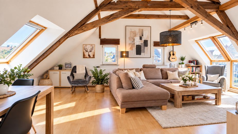 Toplage, helles Dachgeschoss mit Südbalkon und Einbauküche! – Wohnzimmer