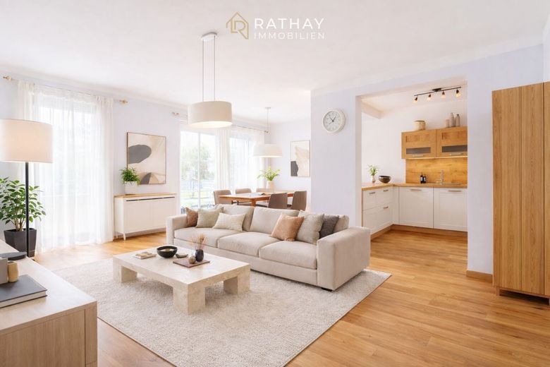 Hochwertige Erdgeschosswohnung mit eigenem Garten, Terrasse und drei Stellplätzen – Gestaltungsidee Wohnzimmer