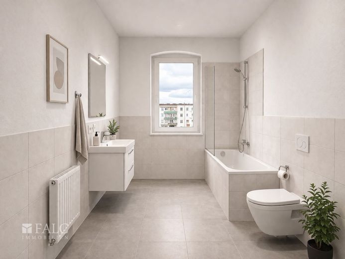 Provisionsfrei! MFH mit 308 m² für 79.500 EUR - 3 WE + DG-Ausbau + KfW-Potenzial – Badezimmer - Mögliche Gestaltung nach Renovierung (KI-Visualisierung)