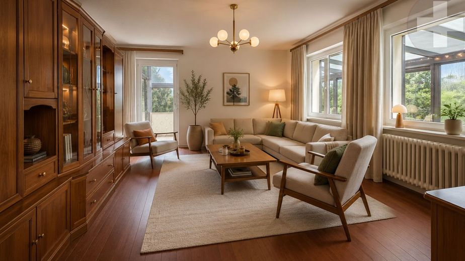Helles Wohnzimmer mit Blick in den Wintergarten