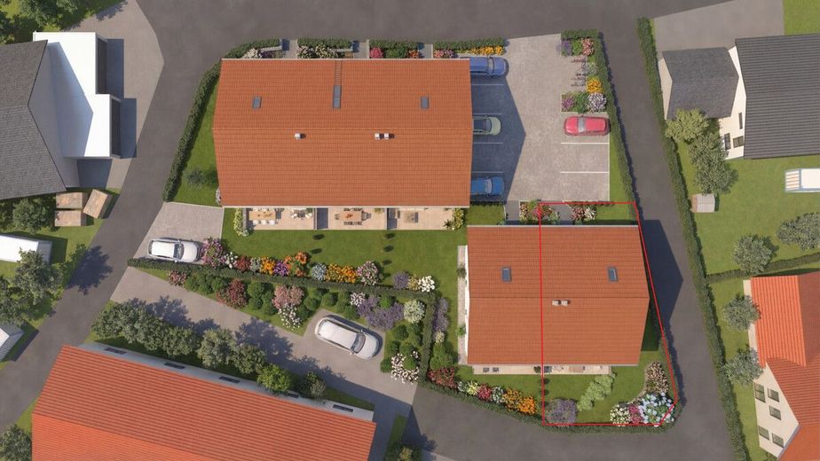 Familientraum in Obing: Exklusive Neubau-DHH mit 179 m² Wohn-/ Nutzfläche – Vogelperspektive Gesamt