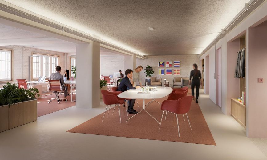 Bürofläche im Zuckerspeicher (2. Etage, 225 m², 17 Arbeitsplätze) – Visualisierung Bürofläche
