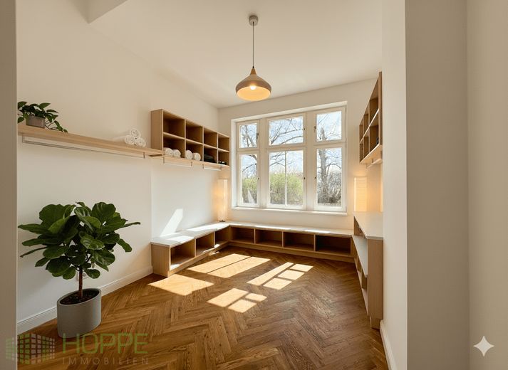 Schloss Siethen - Repräsentative Büro-, Kanzlei- oder Praxisräume in Seenähe – Umkleidungsraum (Einrichtungsbeispiel KI generiert)