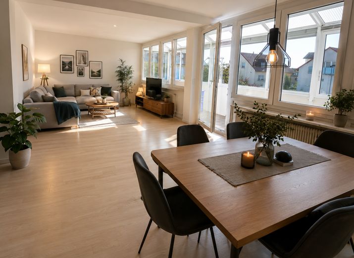 Excepcionalmente amplio apartamento en propiedad de 3–4 habitaciones con baño wellness, dos jardines de invierno, cocina equipada – Wohn-/Essbereich