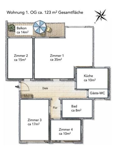 Grunewald 4 odalı daire, ayrıca bahçe, havuz ve garajlı suterre katı – Grundriss Wohnung 1. OG