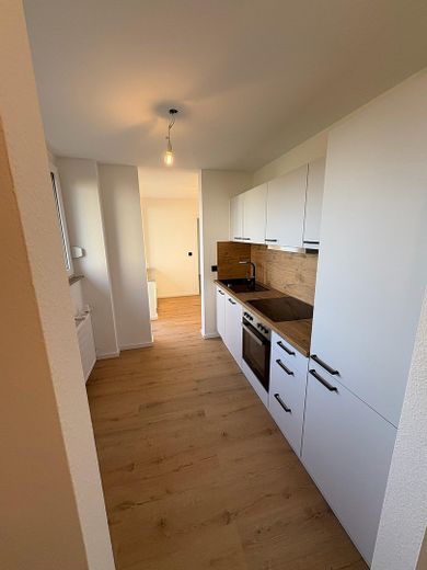 Première occupation après rénovation complète : appartement lumineux de 3,5 pièces avec 2 balcons, cuisine équipée et garage en sous-sol – Küche mit Abstellraum