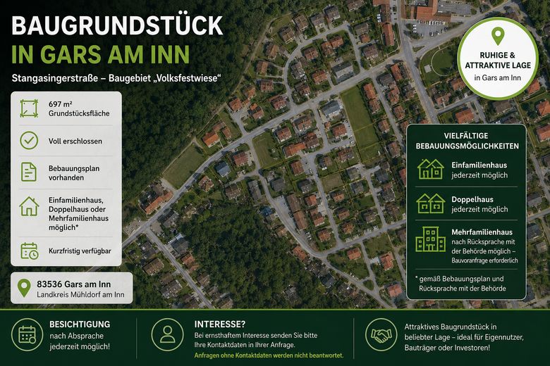 Baugrundstück 697 m² in Gars am Inn – voll erschlossen – EFH, Doppelhaus oder MFH möglich – Gars am Inn