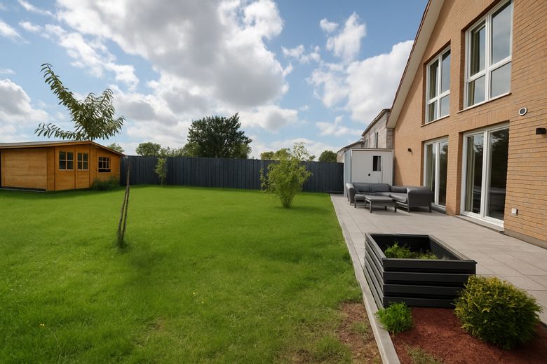 Neuwertig! Freistehendes KFW40 Einfamilienhaus mit großem Garten und Feldblick in einem Neubaugebiet – Garten/ Terrasse