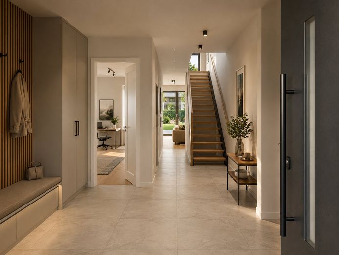 Neubau-Doppelhaushälfte mit ca. 171 m² Wohnfläche, Dachterrasse & Garage – Flur