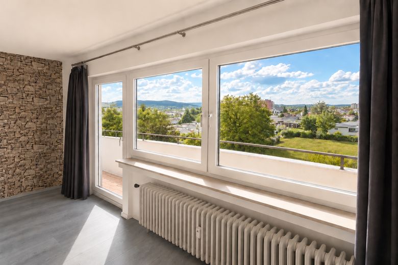 Wohnen mit Weitblick über Aalen | Modernisierte 3,5-Zimmer-Wohnung mit großem Westbalkon und Aufzug – Wohnzimmer und West-Balkon
