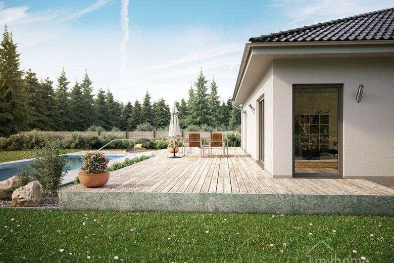 Bungalow in Massivbauweise provisionsfrei vom Bauträger - Bezug in 2027 – Hausansicht Bungalow 118