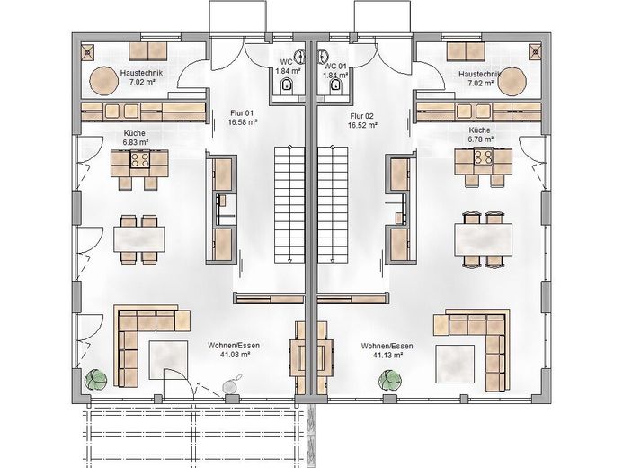 Doppelhaushälfte in Massivbauweise provisionsfrei vom Bauträger - Bezug in 2027 – Grundriss DHH EG - beide Seiten