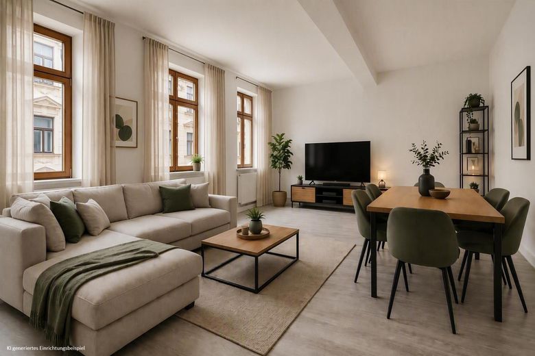 Stilvolle Altbauwohnung im Herzen von Schwabach – urbanes Wohnen mit historischem Charme – Wohnzimmer KI