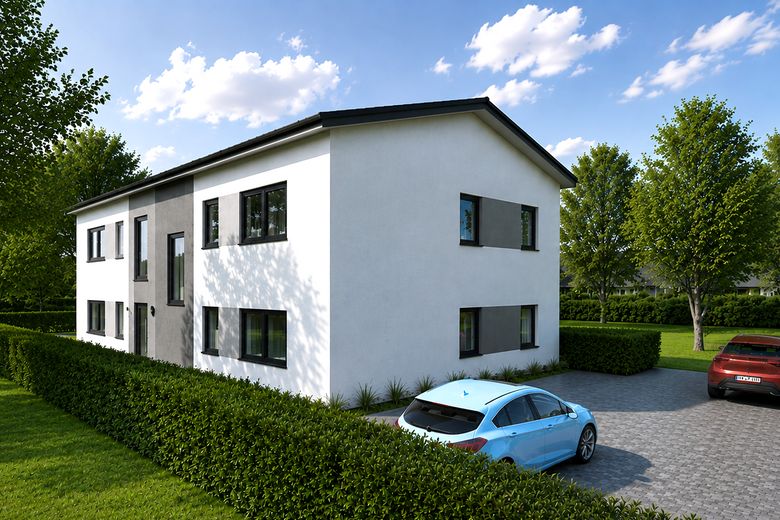 4 schlüsselfertige Eigentumswohnungen /62,88 m² Neubau / QNG/ Fotovoltaik – Außenansicht Visualisierung