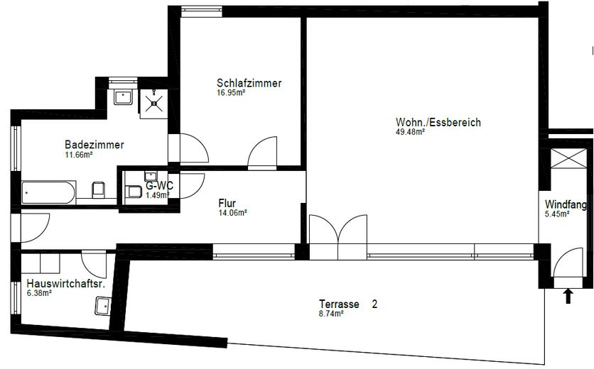 Hell geschnittene 105 m² Einliegerwohnung mit Terrasse & Wohnküche – Grundriss