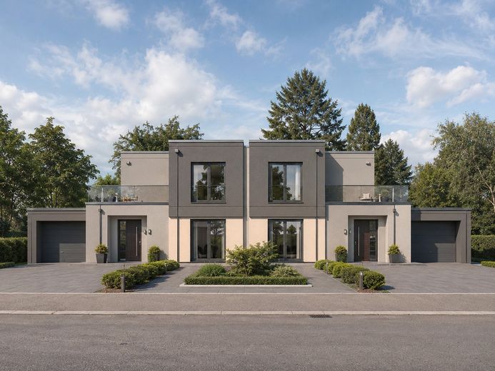 Neubau-Doppelhaushälfte mit ca. 171 m² Wohnfläche, Dachterrasse & Garage – Straßenansicht