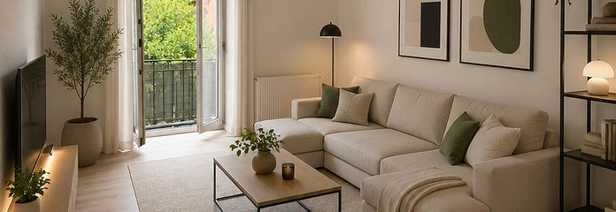 Erstbezug nach Renovierung! 3-Zimmerwohnung in top Lage! – Wohnzimmer mit Balkon KI