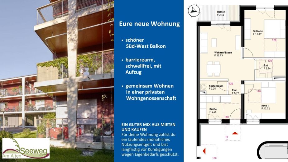 Lebendiges Wohnen am Alten Seeweg - 3-Zimmer - private Wohngenossenschaft (Mit „WBS“) AAS – Deine neue Wohnung