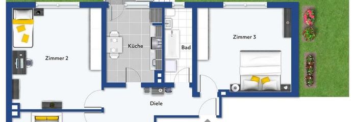 Lichte 3-kamerwoning op een centrale locatie met balkon – Grundriss 3 Zimmer + Garten