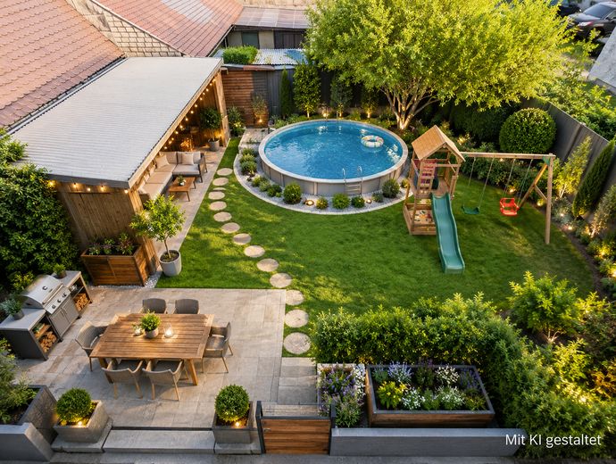 بدون عمولة + + منزل منفصل مكوّن من وحدتين سكنيتين، مع تراس جميل وشرفة وحديقة ومرآب – Gartengestaltung KI generiert