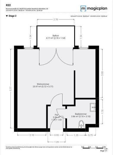 Bezugsfrei in Flingern: 1-Zimmer-Wohnung mit Balkon, Keller und Tiefgarage – Grundriss