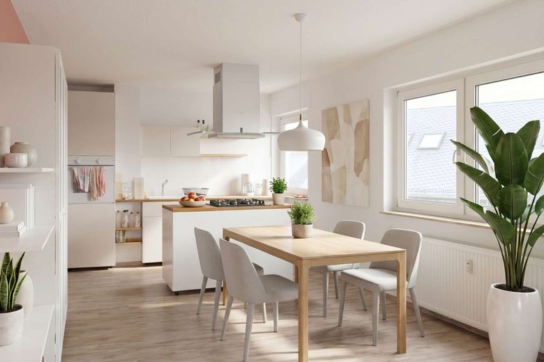 Charmante 2-Zimmer-Wohnung in Frankfurt-Bornheim - 5. Obergeschoss, Aufzug, Balkon &amp; Ausblick – Beispiel-Visualisierung mit offener Küche 2
