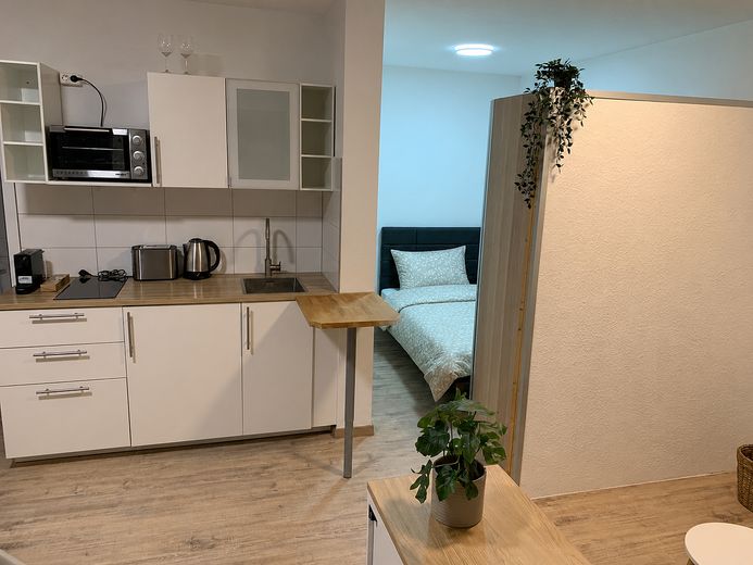 Küche und Blick ins Schlafzimm