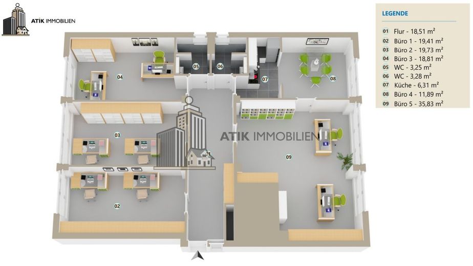 ATIK: Klimatisierte Bürofläche im Erdgeschoss mit Top Preis-Leistungs-Verhältnis - provisionsfrei – 3D Grundriss