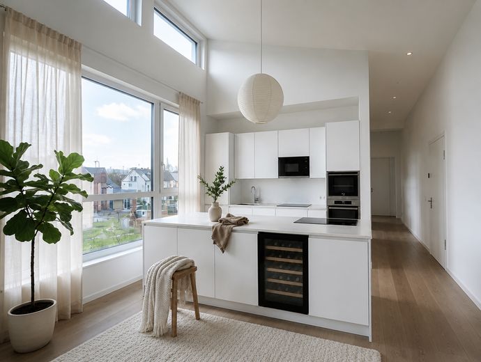 Haus im Haus großzügige 156 m² 4 Zimmer Penthousewohnung mit Aufzug, Süd Balkon, nahe Berlin – Küche KI visualisiert