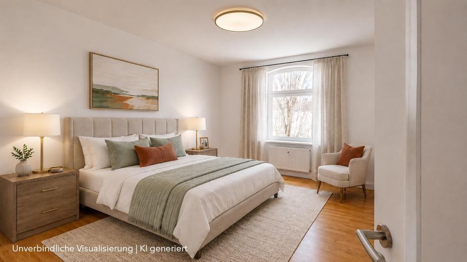 Bezugsfrei ab sofort: Provisionsfreie Eigentumswohnung im gepflegten Altbau – Visualisierung Schlafzimmer
