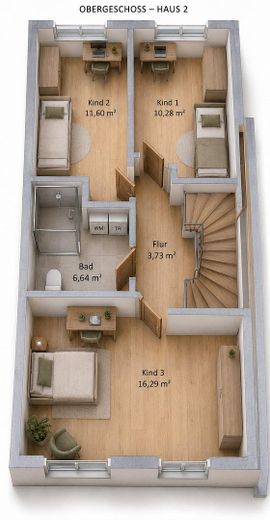 Casa a schiera di nuova costruzione a Nauheim: 143 m², 5 locali, pompa di calore, prima occupazione 2027 — senza provvigione – Obergeschoss