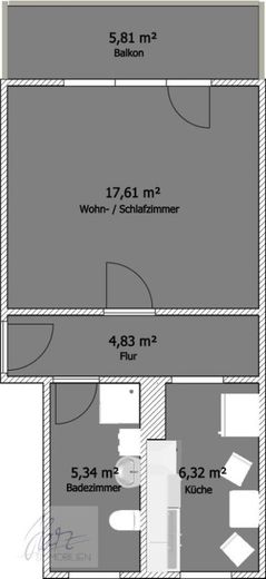 ***AB SOFORT ZU VERKAUFEN*** 1-Raumwohnung mit großzügigem Balkon, Einbauküche und Tageslichtbad mit Dusche – Grundriss