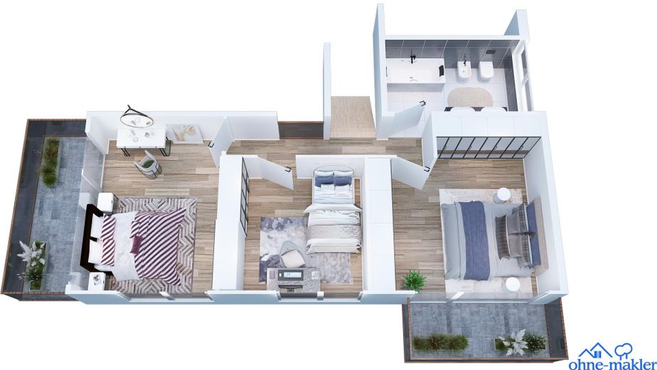 Attraktives Einfamilienhaus  mit grosszügiger Holzterrasse und Garten – 3D Grundriss OG  (Planung)