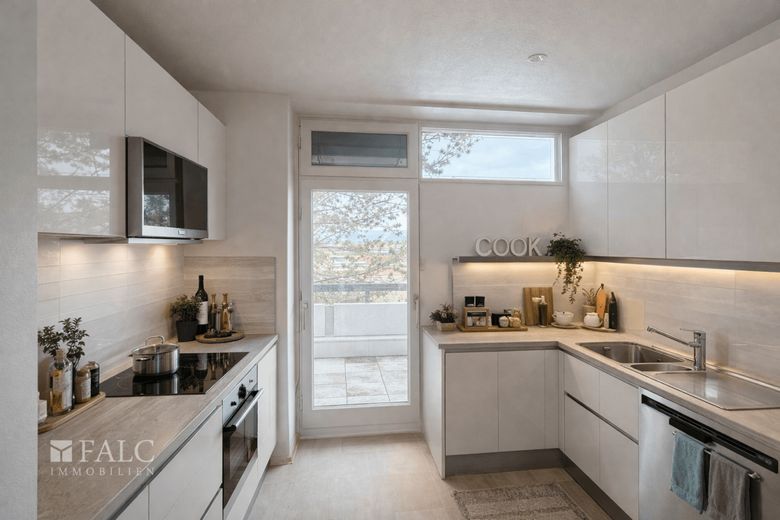 Exklusive Penthouse-Wohnung mit großzügiger Dachterrasse und Bergpanorama – Einrichtungsbeispiel Küche