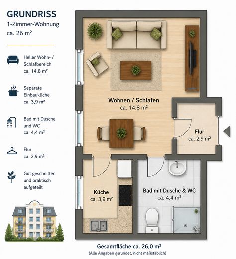 Lichtdurchflutete 1-Zimmer-Wohnung mit moderner Einbauküche & TG-Stellplatz – Foto 10