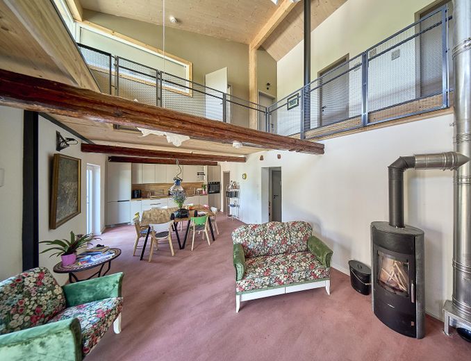 Wohnzimmer, Küche, Kamin