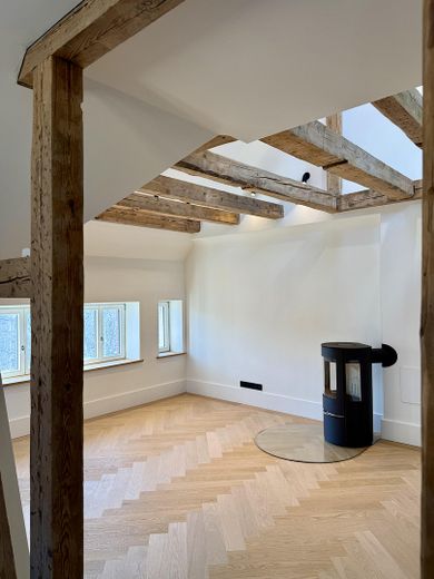 Rare opportunité dans un monument classé KfW : duplex sous les combles dans un immeuble ancien, vue panoramique, prestations haut de gamme, PREMIÈRE OCCUPATION – Wohn-/Essbereich mit Kaminofen