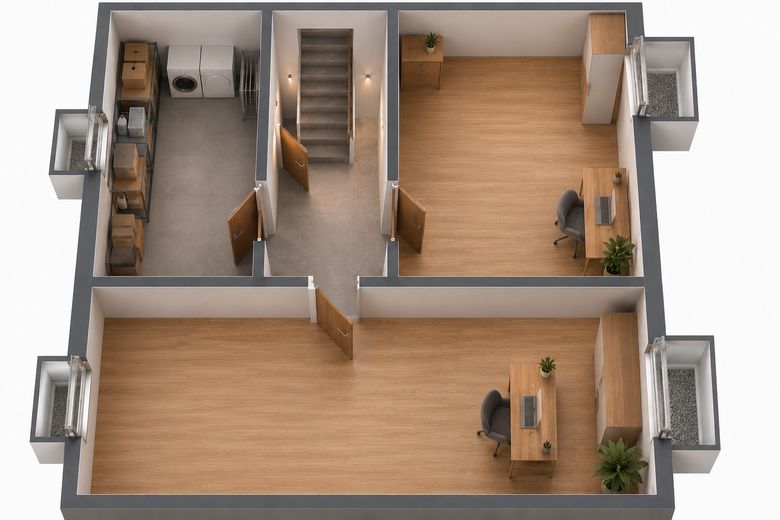Maisonette Wohnung 71m² + 65m² Souterrain eigene Haustüre Erstbezug 2199€ warm inkl. Küche, Carport – 3D Grundriss Souterrain