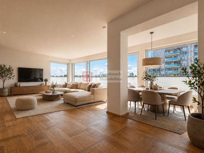 Top!! Penthouse mit großer Südwest-Dachterrasse und Skylineblick – Wohn- und Essbereich - Virtual Staging