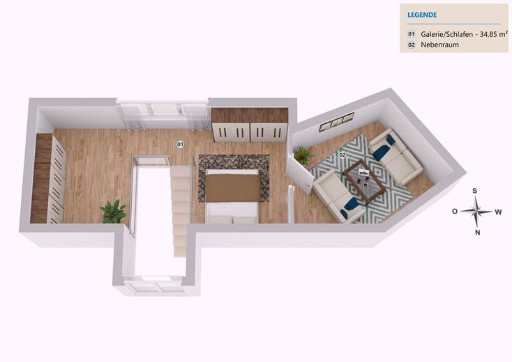 MAISONETTE IM DACHGESCHOSS + 2,5 RAUM VERMIETET + 2 TIEFGARAGENPLÄTZE – Grundriss obere Ebene
