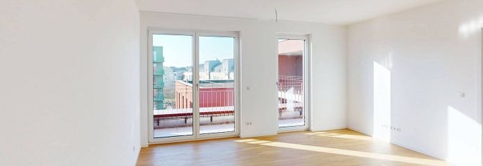 Precioso apartamento de 3 habitaciones con cocina abierta en el nuevo complejo residencial "Ferdinands Garden" – Ansicht I: Wohn- und Esszimmer