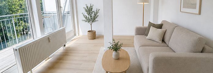 Gemütlicher Rückzugsort in Zossen: 3 Zimmer, Terrasse und See direkt vor der Tür – Wohnzimmer möbliert -Visualis.