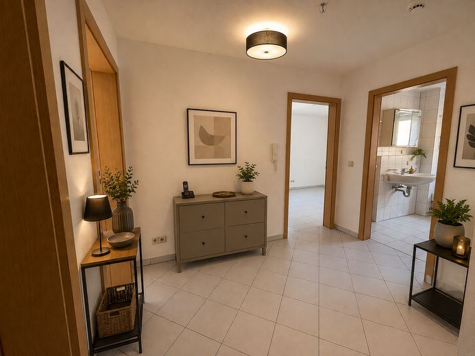 Appartamento di 3,5 locali. Piano terra, terrazza, posto auto + garage interrato. Privo di barriere, senza provvigione, da privato, senza agenzia – Diele (mit KI möbliert)